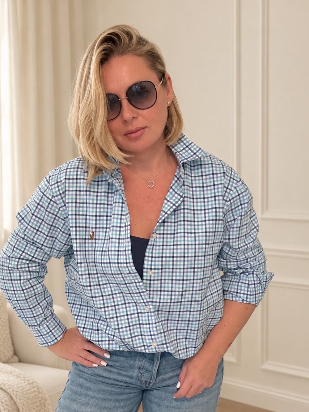 Vintage Ralph Lauren Women’s L Blue Aqua Plaid Classic Fit Button Down Shirt